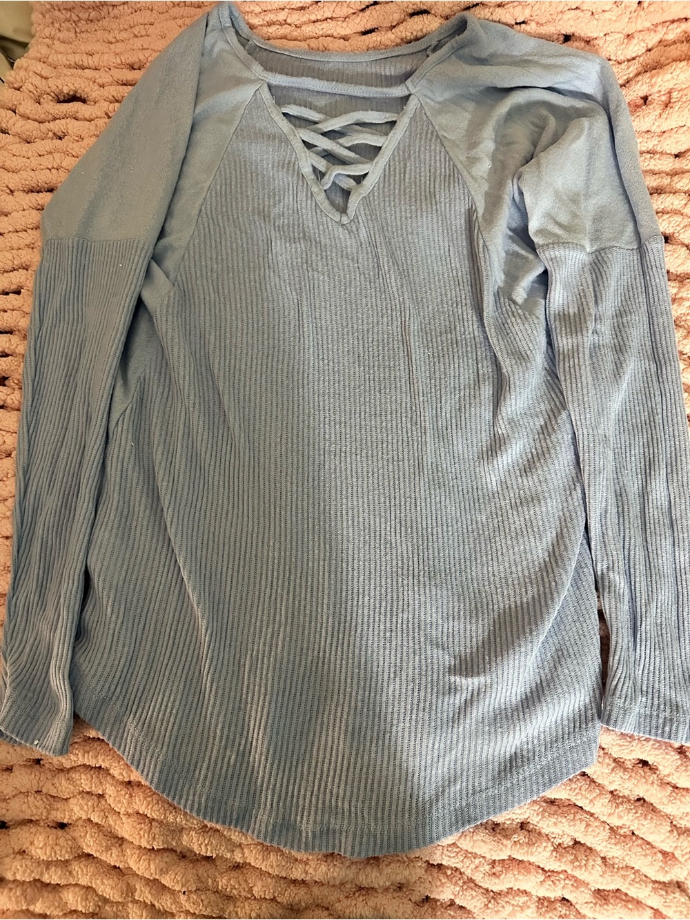 Light Blue Ribbed Lace-Up Long Sleeve Women’s Top